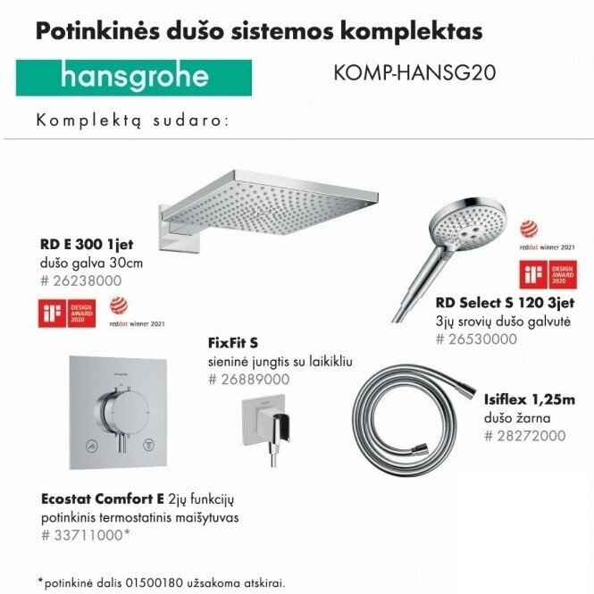 Potinkinės dušo sistemos komplektas HANSGROHE "5 in 1", RD E 300, RD Select S 120, stačiakampės formos, spalva - chromo Potinkinės dušo sistemos komplektas HANSGROHE "5 in 1", RD E 300, RD Select S 120, stačiakampės formos, spalva - chromo