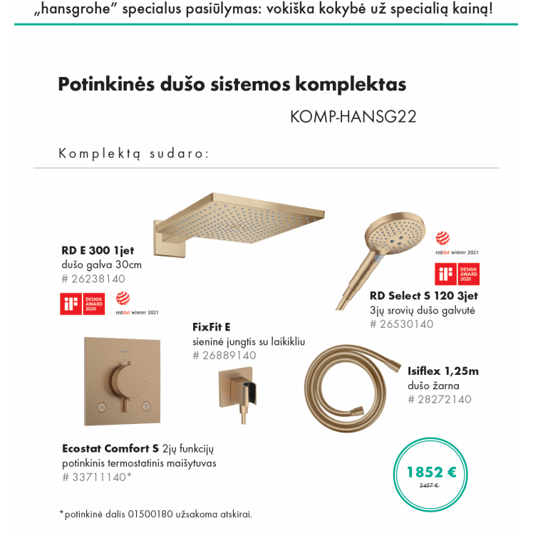 Potinkinės dušo sistemos komplektas HANSGROHE "5 in 1", RD E 300, RD Select S 120, stačiakampės formos, spalva - šlifuotos bronzos