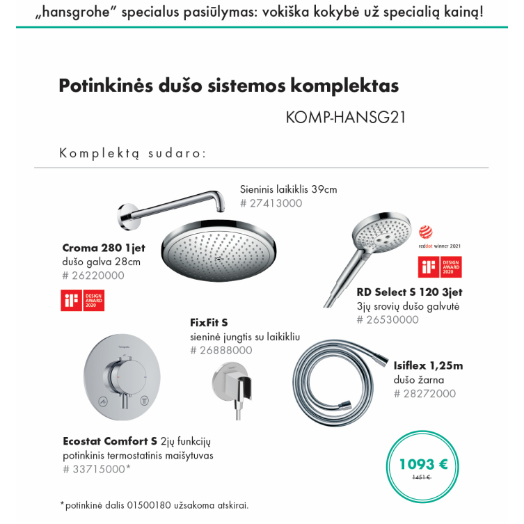 Potinkinės dušo sistemos komplektas HANSGROHE "6 in 1", Croma 280, RD Select S 120, apvalios formos, spalva - chromo