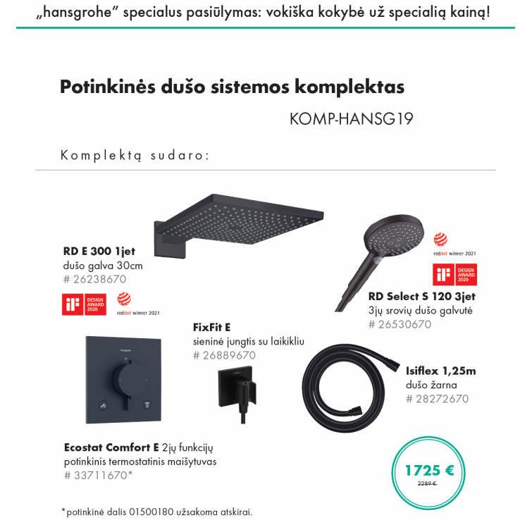 Potinkinės dušo sistemos komplektas HANSGROHE "5 in 1", RD E 300, RD Select S 120, stačiakampės formos, spalva - juoda matinė