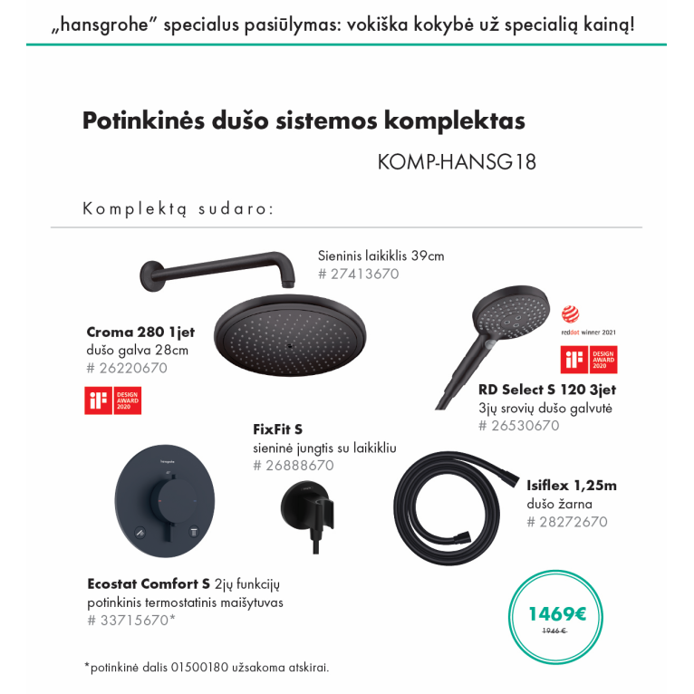 Potinkinės dušo sistemos komplektas HANSGROHE "6 in 1", Croma 280, RD Select S 120, apvalios formos, spalva - juoda matinė Potinkinės dušo sistemos komplektas HANSGROHE "6 in 1", Croma 280, RD Select S 120, apvalios formos, spalva - juoda matinė