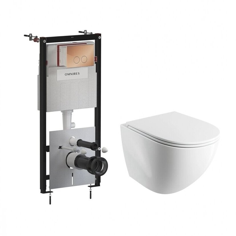 Potinkinio rėmo Omnires STRONGFRAME ECO su blizgaus vario spalvos mygtuku ir pakabinamo klozeto Ottawa Comfort (Silent Power) 54 x 37 cm komplektas