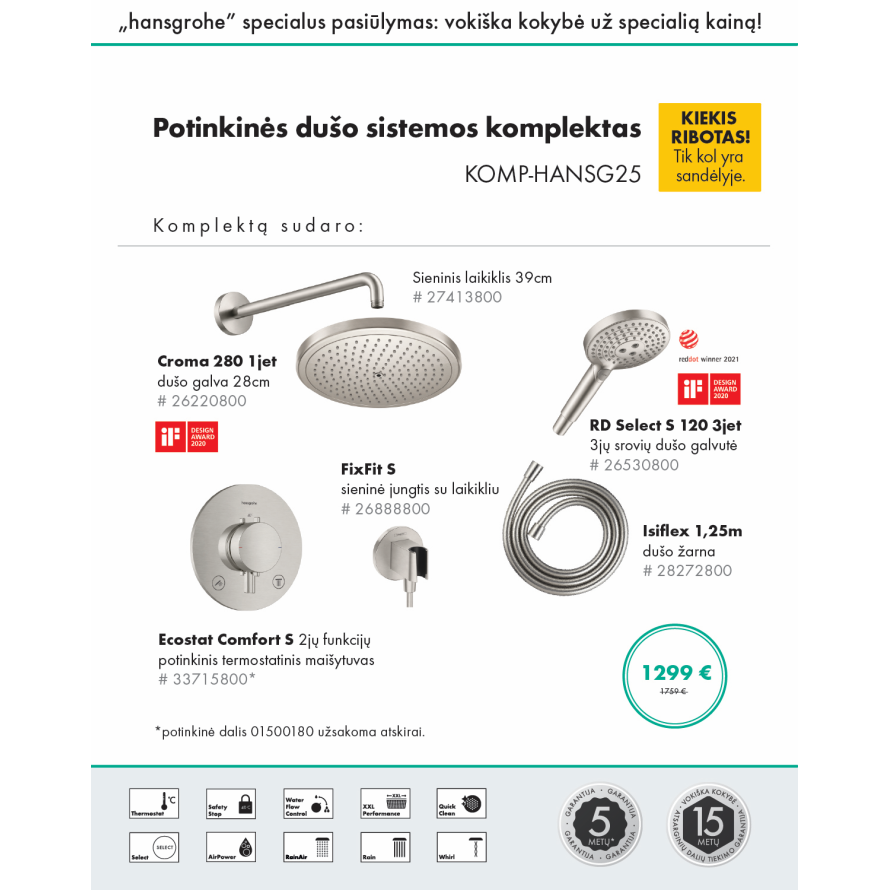Potinkinės dušo sistemos komplektas HANSGROHE "6 in 1", Croma 280, RD Select S 120, apvalios formos, spalva - nerūdijantis plienas (Stainless Steel Optic)