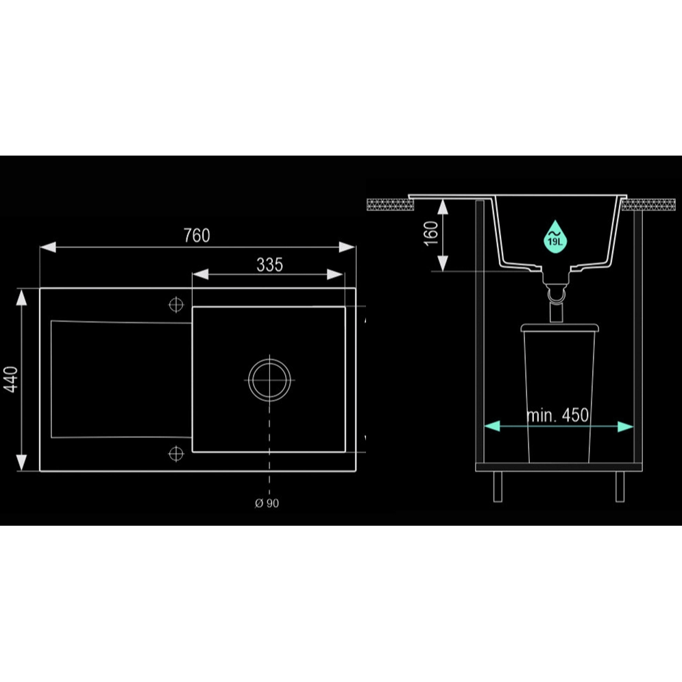 Iš viršaus įleidžiama granitinė plautuvė Lumiberg GRAN-08 juoda taškuota 4