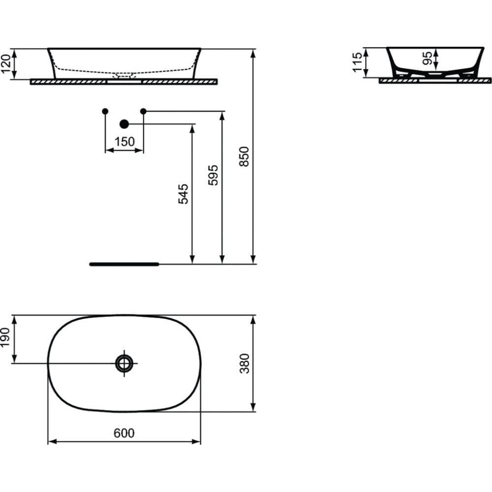 Praustuvas-dubuo Ideal Standard Ipalyss Oval, matmenys 600x380x120mm, spalva - juoda matinė, su dugno vožtuvu 1