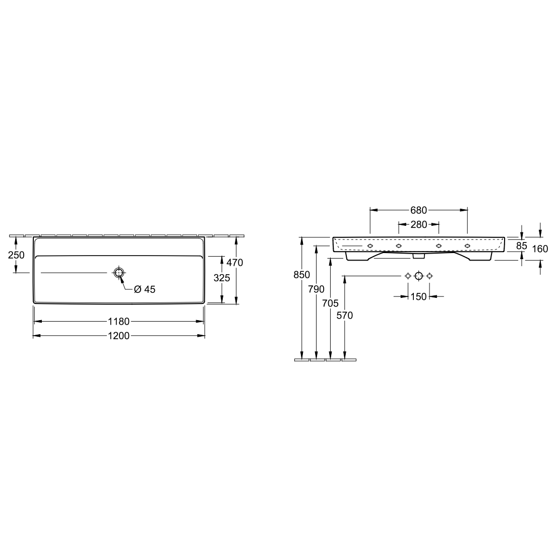 Praustuvas VILLEROY&BOCH Collaro 1200x470 be skylės maišytuvui, be perpylimo, Ceramic Plus danga, white alpin 4 Praustuvas VILLEROY&BOCH Collaro 1200x470 be skylės maišytuvui, be perpylimo, Ceramic Plus danga, white alpin 4