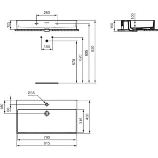Praustuvas Ideal Standard Extra, matmenys: 815x450x150mm, montuojamas ant stalviršio (šlifuota apačia) arba ant sienos 4