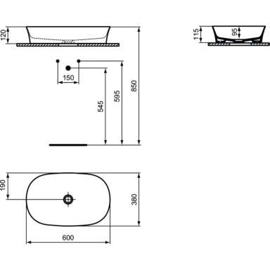 Praustuvas-dubuo Ideal Standard Ipalyss Oval, matmenys 600x380x120mm, spalva - juoda matinė, su dugno vožtuvu