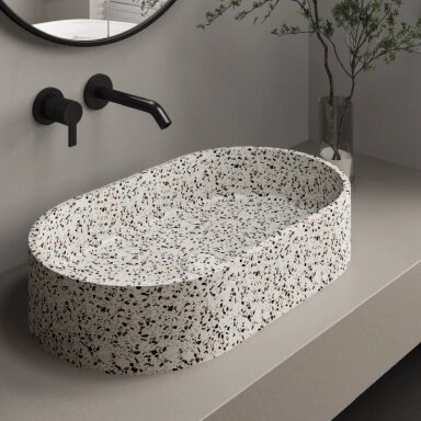 Praustuvas Karag Linus 600x350x120mm, Stracciatella spalva, su dugno vožtuvu Praustuvas Karag Linus 600x350x120mm, Stracciatella spalva, su dugno vožtuvu