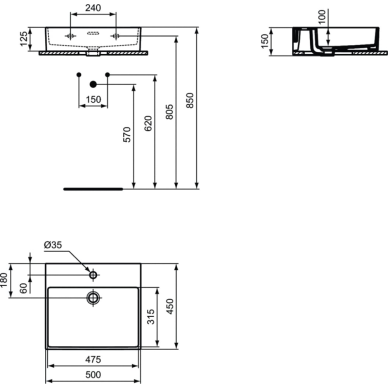 Praustuvas Ideal Standard Extra, matmenys: 500x450x125mm, montuojamas ant stalviršio (šlifuota apačia) arba ant sienos 2