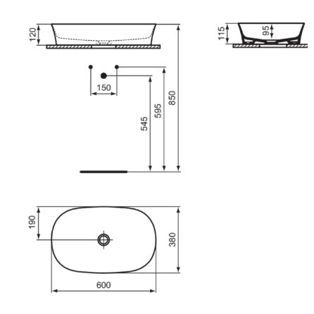 Praustuvas-dubuo Ideal Standard Ipalyss Oval, matmenys: 600x380x120mm, be persipylimo, baltas, be dugno vožtuvo 1