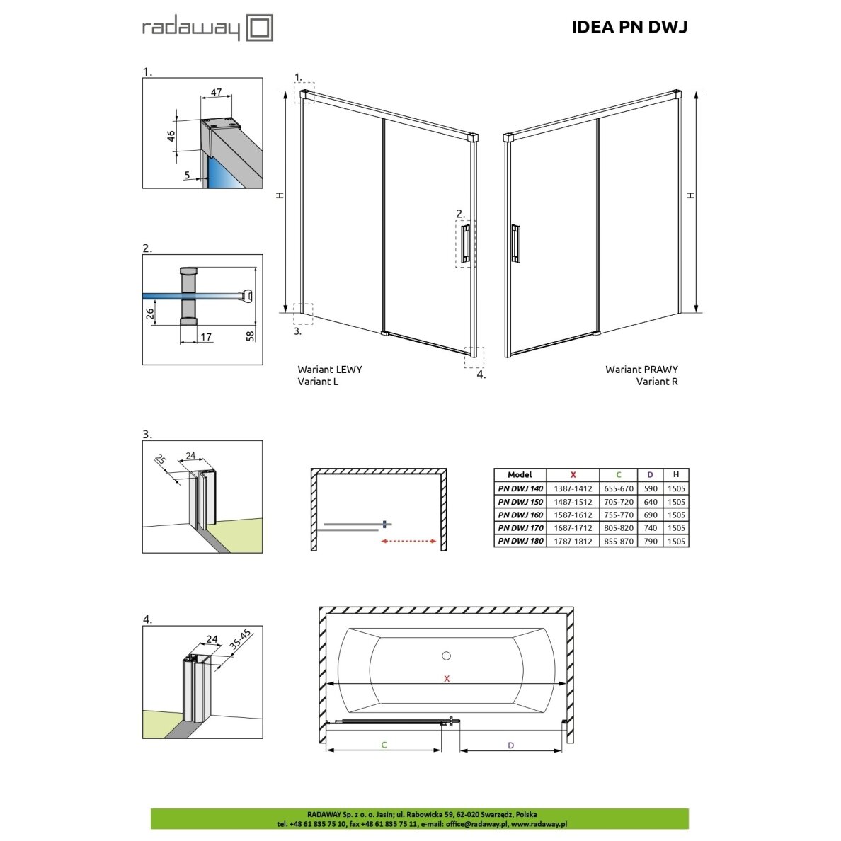 Radaway Idea Black PN DWJ vonios sienelė, skaidrus stiklas 6 Radaway Idea Black PN DWJ vonios sienelė, skaidrus stiklas 6