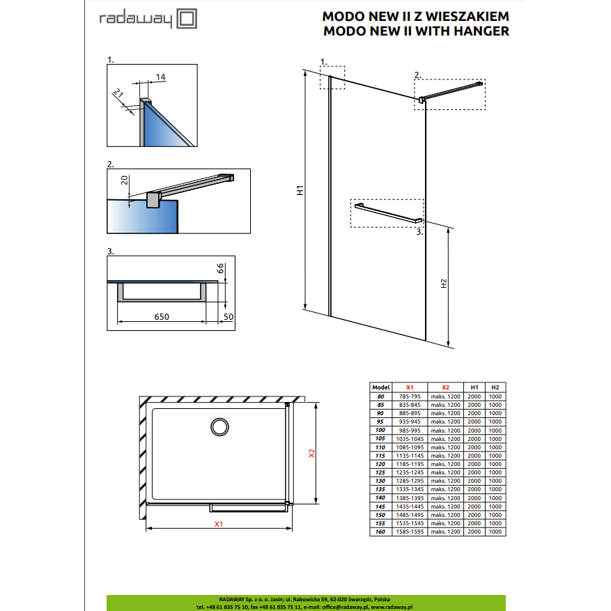 Radaway Modo New Brushed Nickel II nejudanti dušo sienelė su pakaba, skaidrus stiklas 4