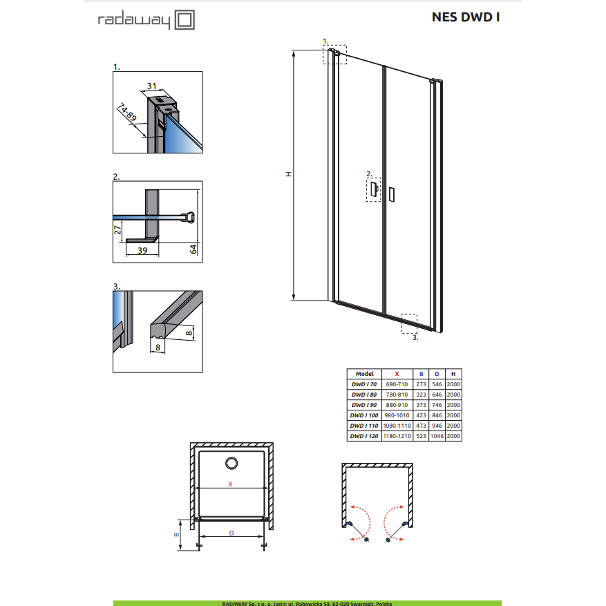 Radaway Nes Brushed Nickel DWD I dušo durys, skaidrus stiklas 5 Radaway Nes Brushed Nickel DWD I dušo durys, skaidrus stiklas 5