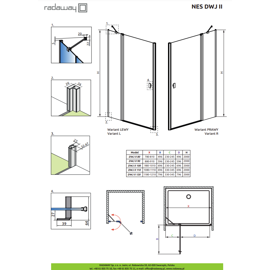 Radaway Nes Brushed Nickel DWJ II dušo durys, skaidrus stiklas 4