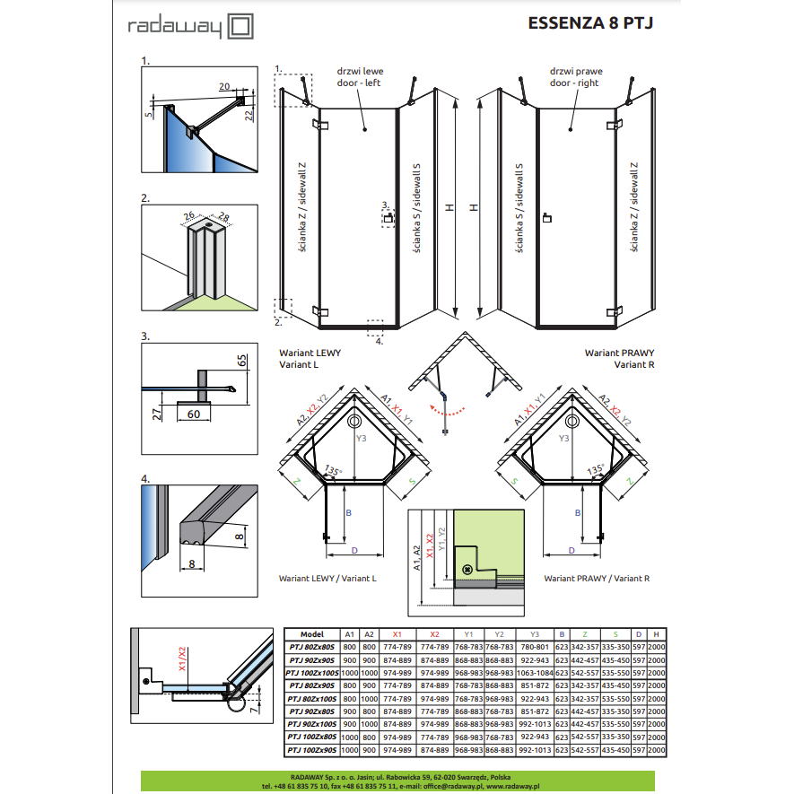 Radaway Essenza 8 Brushed Nickel PTJ penkiakampė dušo kabina, skaidrus stiklas 5 Radaway Essenza 8 Brushed Nickel PTJ penkiakampė dušo kabina, skaidrus stiklas 5