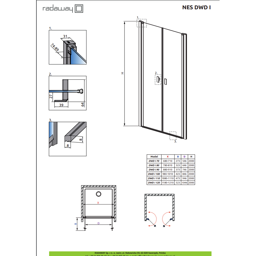 Radaway Nes Brushed GunMetal DWD I dušo durys, skaidrus stiklas 1