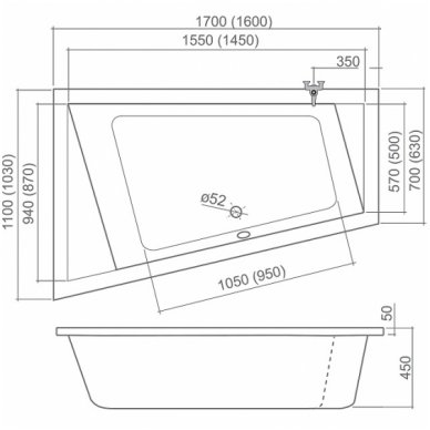 Roth asimetrinė vonia Kubic Asymmetric 1600x1030 mm 2