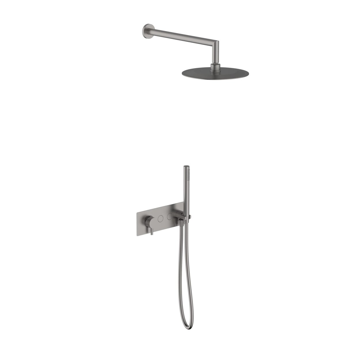 Brushed nickel spalvos potinkinė dušo sistema Teorema su apvalia dušo galva 25 cm Brushed nickel spalvos potinkinė dušo sistema Teorema su apvalia dušo galva 25 cm