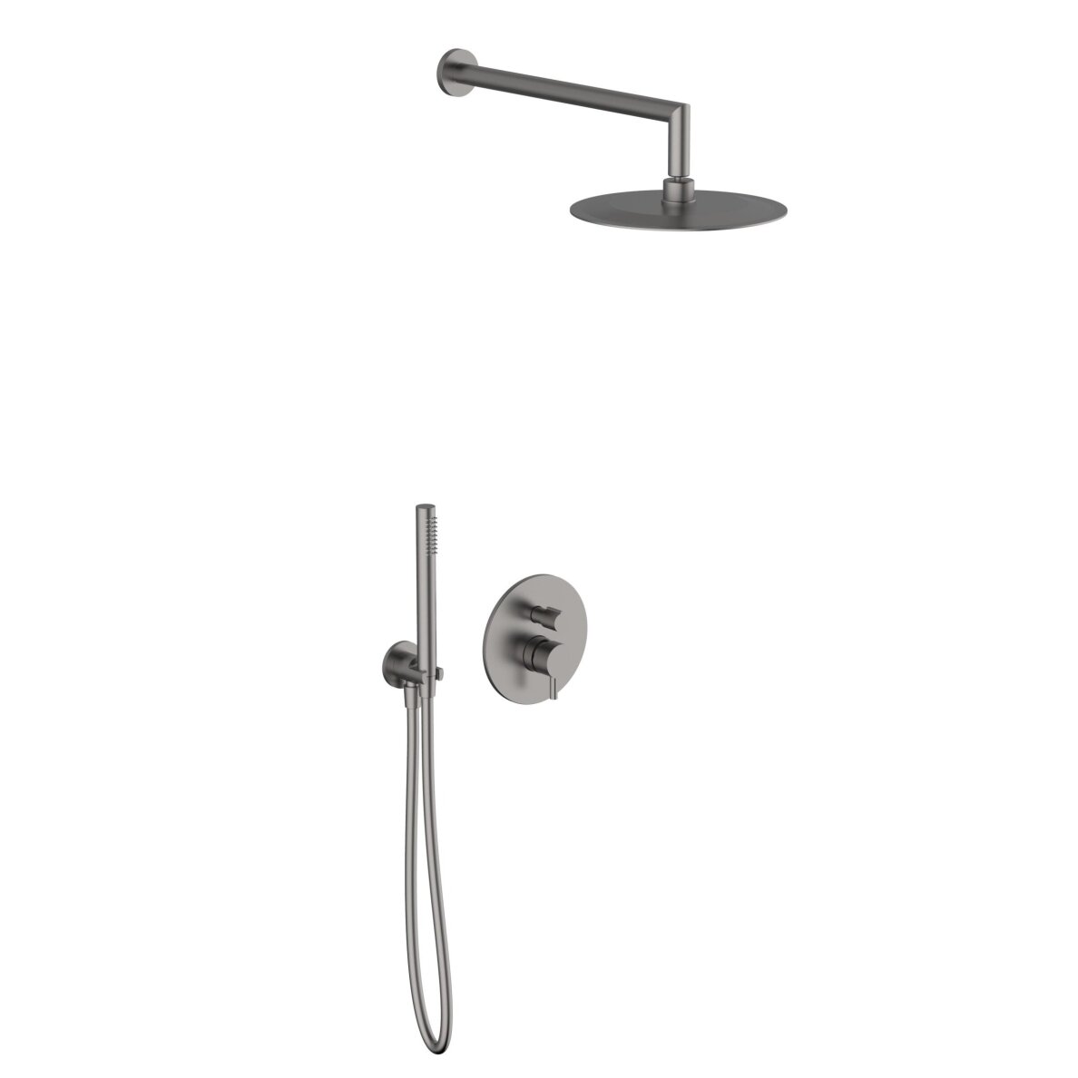 Brushed nickel spalvos potinkinė dušo sistema Teorema su apvalia dušo galva 25 cm Brushed nickel spalvos potinkinė dušo sistema Teorema su apvalia dušo galva 25 cm