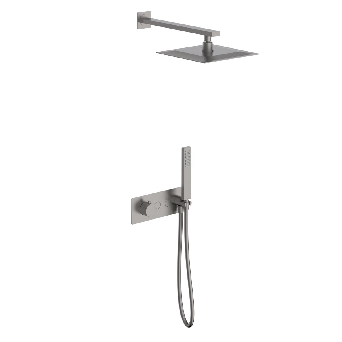 Brushed nickel spalvos potinkinė termostatinė dušo sistema Teorema su kvadratine dušo galva Brushed nickel spalvos potinkinė termostatinė dušo sistema Teorema su kvadratine dušo galva