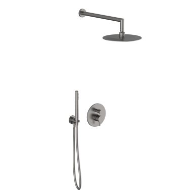 Brushed nickel spalvos potinkinė dušo sistema Teorema su apvalia dušo galva 25 cm Brushed nickel spalvos potinkinė dušo sistema Teorema su apvalia dušo galva 25 cm