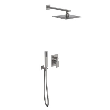 Brushed nickel spalvos potinkinė dušo sistema Teorema su kvadratiniu dušeliu ir kvadratine dušo galva 25 cm