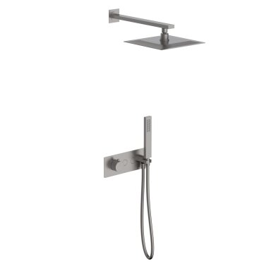 Brushed nickel spalvos potinkinė termostatinė dušo sistema Teorema su kvadratine dušo galva Brushed nickel spalvos potinkinė termostatinė dušo sistema Teorema su kvadratine dušo galva