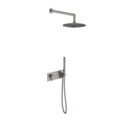Brushed nickel spalvos potinkinė dušo sistema Teorema su apvalia dušo galva 25 cm