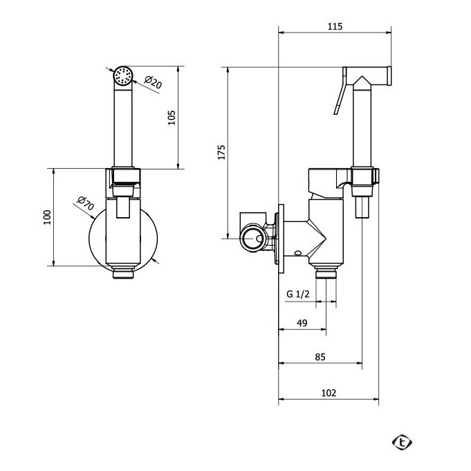 Brushed nickel spalvos potinkinis bidette dušelio komplektas Teorema 1