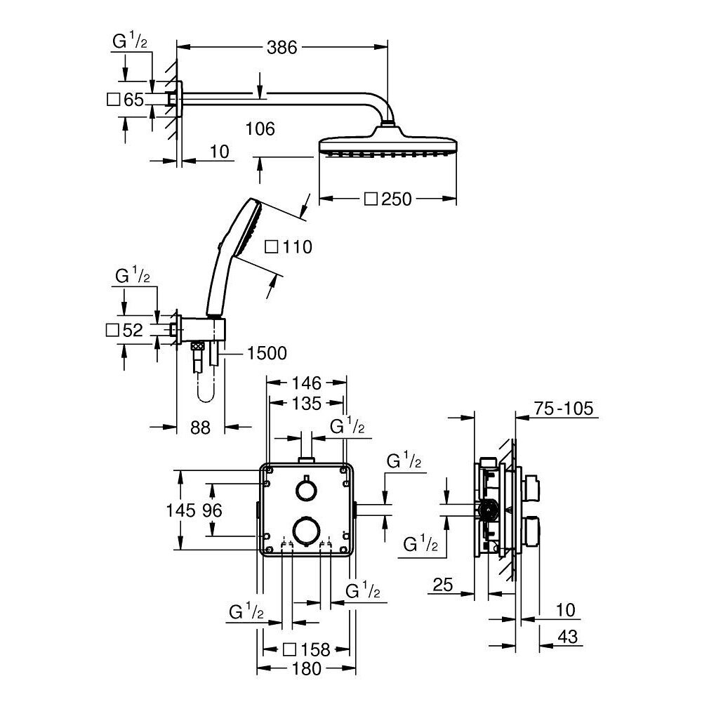 Termostatinė potinkinė dušo sistema Grohe Vitalio Comfort 250 4 Termostatinė potinkinė dušo sistema Grohe Vitalio Comfort 250 4