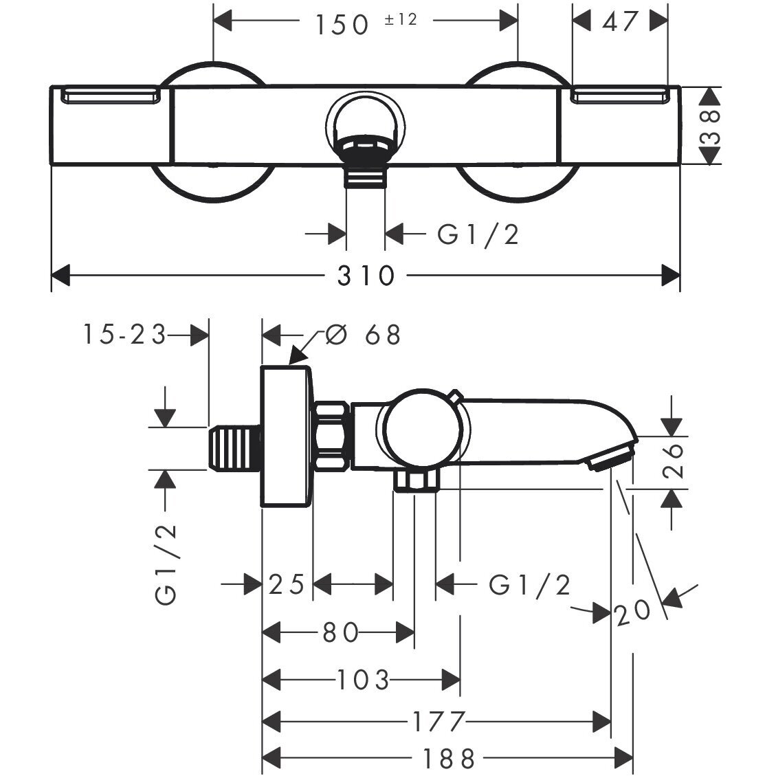 Termostatinis vonios/dušo maišytuvas Hansgrohe Ecostat Element 2 Termostatinis vonios/dušo maišytuvas Hansgrohe Ecostat Element 2