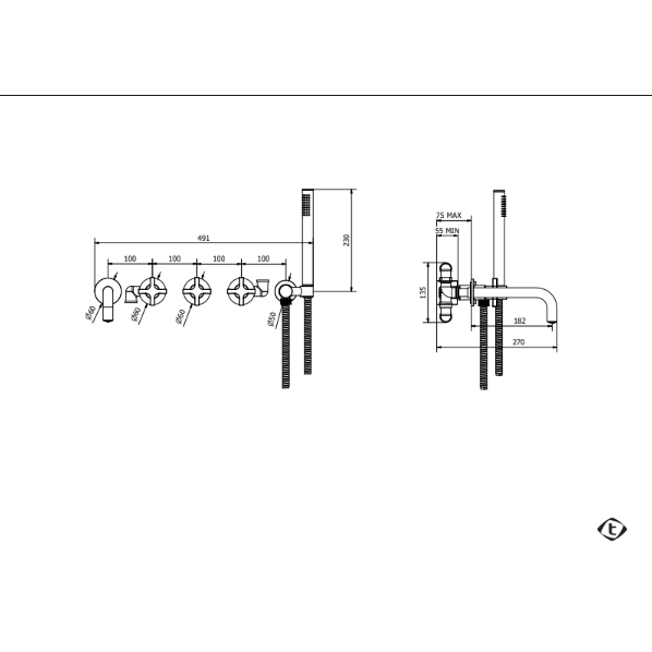 Teorema Helix 5 dalių sieninis maišytuvas voniai 1 Teorema Helix 5 dalių sieninis maišytuvas voniai 1