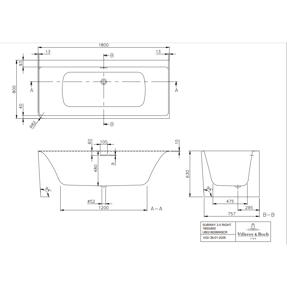 Villeroy & Boch Subway 3.0 prie sienos glaudžiama akrilinė vonia, 180x80 cm, balta, dešinė 6