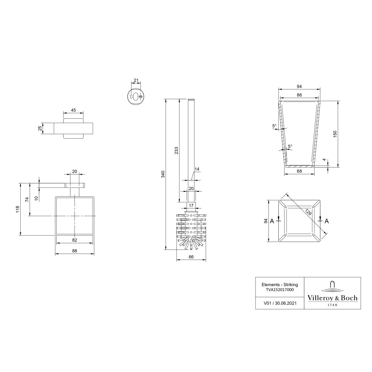Villeroy&Boch Elements - Striking WC šepečio komplektas, 94x118x340 mm, pasirinkite spalvą 1