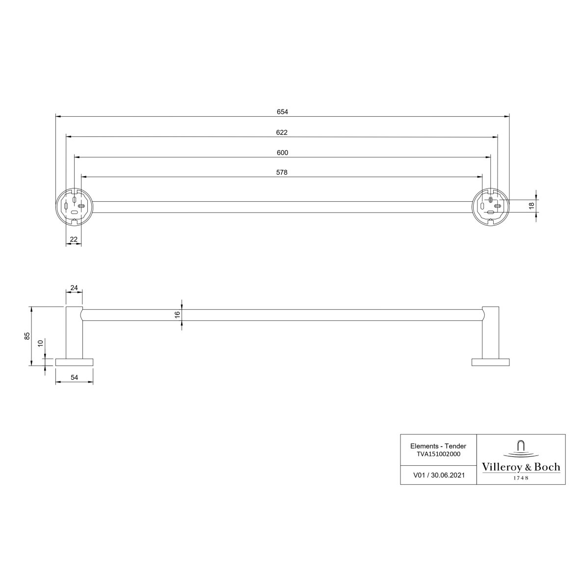 Villeroy&Boch Elements - Tender rankšluosčių laikiklis, 654x85x54 mm, pasirinkite spalvą 1 Villeroy&Boch Elements - Tender rankšluosčių laikiklis, 654x85x54 mm, pasirinkite spalvą 1