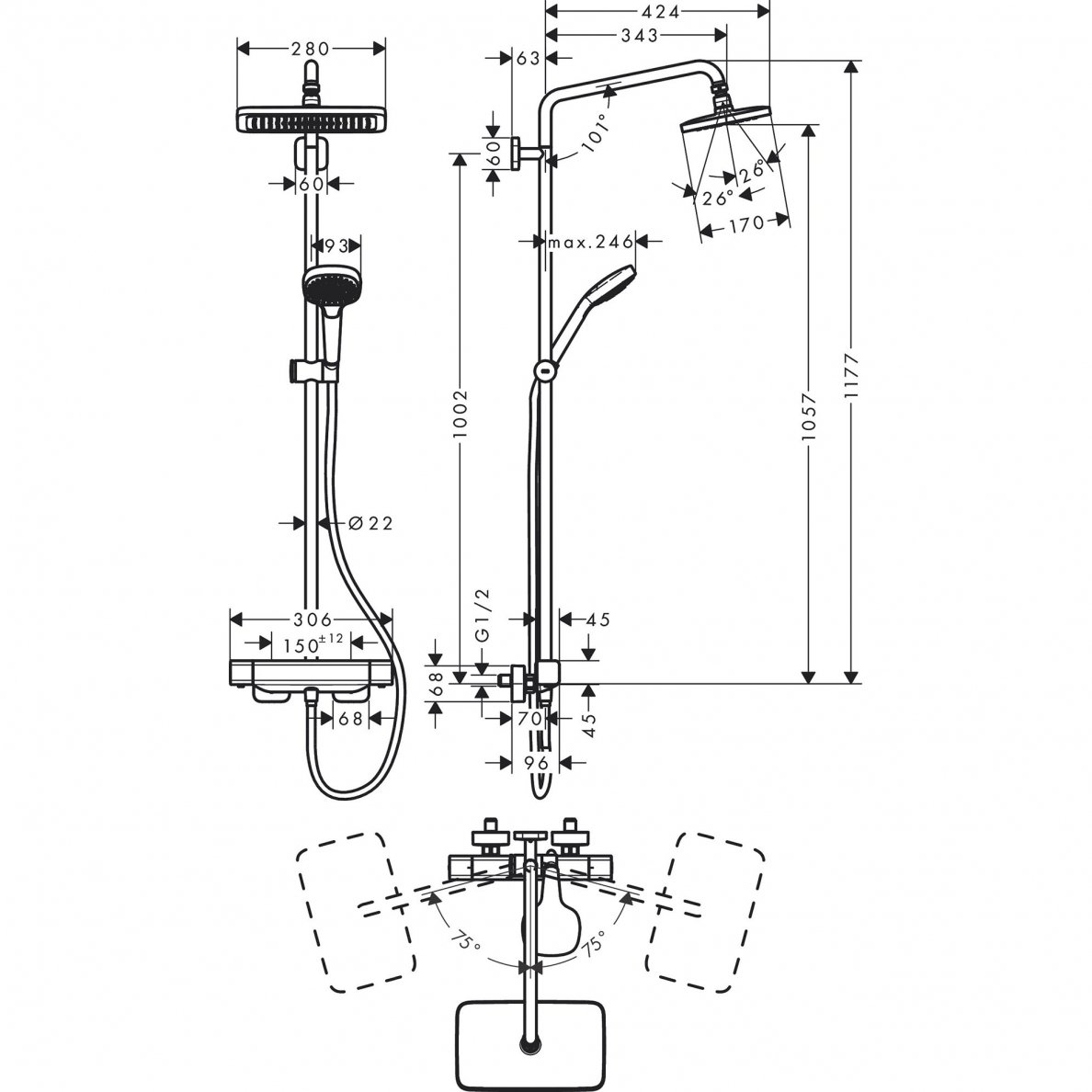 Virštinkinė termostatinė dušo sistema Hansgrohe Croma E Showerpipe 280 1jet 4 Virštinkinė termostatinė dušo sistema Hansgrohe Croma E Showerpipe 280 1jet 4