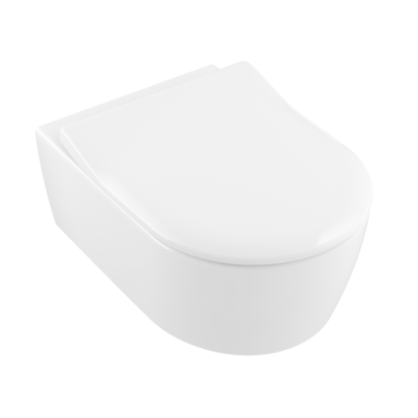 Villeroy & Boch rėmas su baltu mygtuku ir Avento Direct Flush unitazas su Slim Soft close dangčiu
