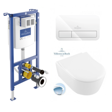 Villeroy & Boch rėmas su baltu mygtuku ir Avento Direct Flush unitazas su Slim Soft close dangčiu