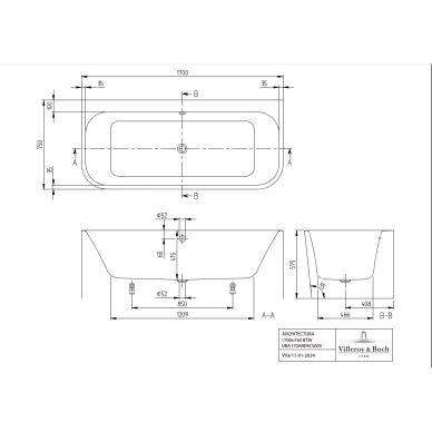 Villeroy & Boch Architectura prie sienos glaudžiama stačiakampė vonia, 170x75cm, balta 3
