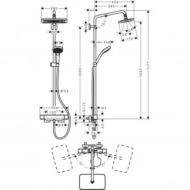 Virštinkinė termostatinė dušo sistema Hansgrohe Croma E Showerpipe 280 1jet 4 Virštinkinė termostatinė dušo sistema Hansgrohe Croma E Showerpipe 280 1jet 4