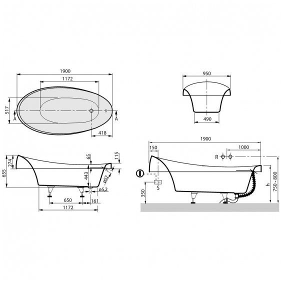 Villeroy&Boch vonia Aveo 1900x950 iš Quaryl medžiagos 2