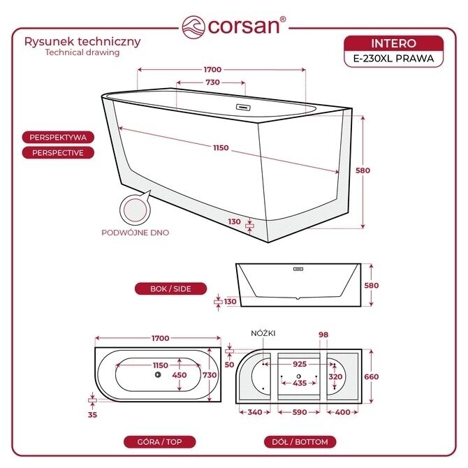 Vonia Corsan E230XL INTERO Dešininė 170cm 1 Vonia Corsan E230XL INTERO Dešininė 170cm 1