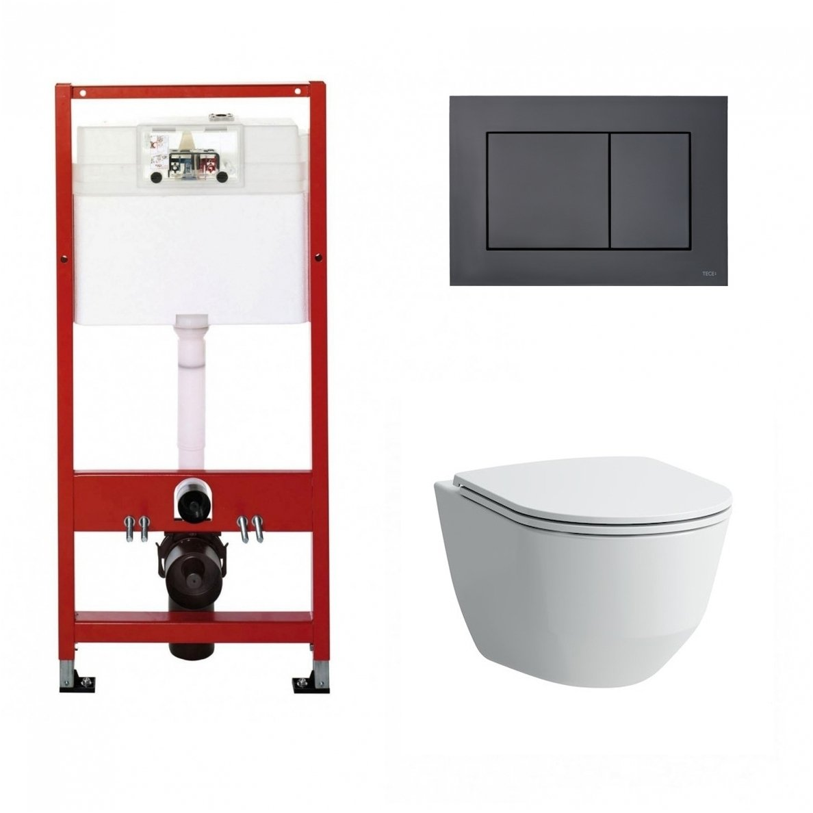 WC rėmo Tece, juodo mygtuko Now ir klozeto Laufen Pro Rimless su plonu lėtaeigiu dangčiu komplektas WC rėmo Tece, juodo mygtuko Now ir klozeto Laufen Pro Rimless su plonu lėtaeigiu dangčiu komplektas