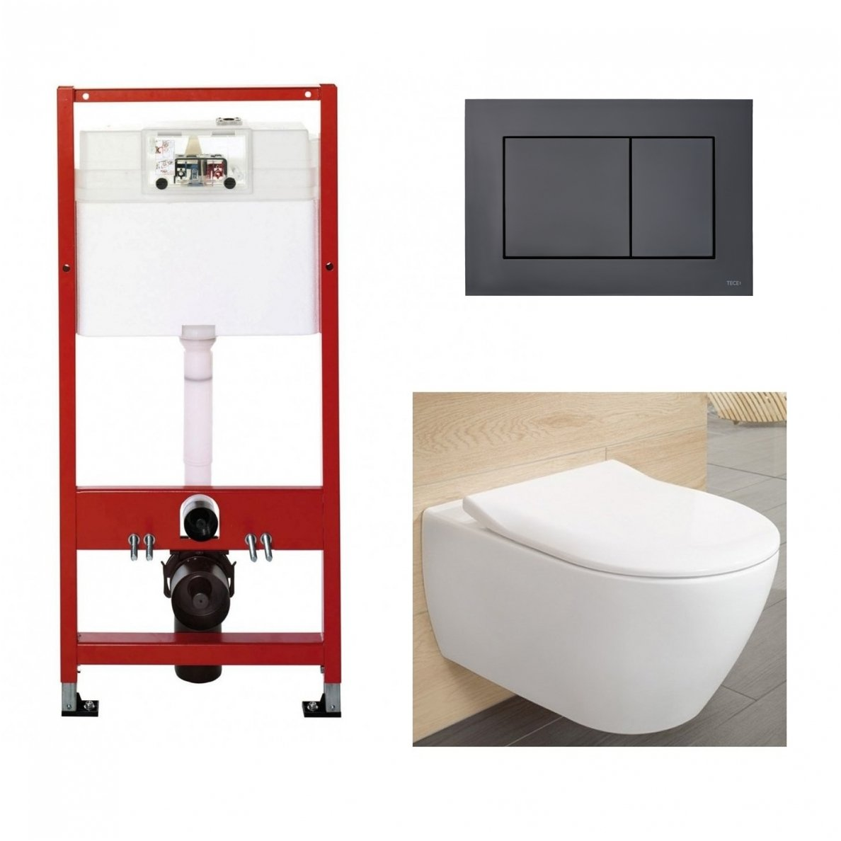 WC rėmo Tece, juodo mygtuko Now ir pakabinamo klozeto Villeroy & Boch Subway 2.0 DirectFlush su plonu lėtaeigiu dangčiu komplektas WC rėmo Tece, juodo mygtuko Now ir pakabinamo klozeto Villeroy & Boch Subway 2.0 DirectFlush su plonu lėtaeigiu dangčiu komplektas