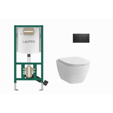 Laufen WC rėmas INEO su juodu klavišu HORIZON ir WC LUA Rimfree + dangtis Laufen WC rėmas INEO su juodu klavišu HORIZON ir WC LUA Rimfree + dangtis