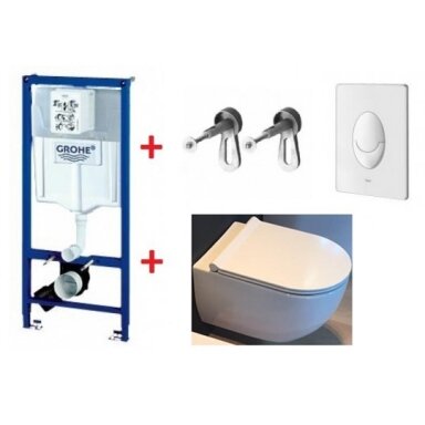 WC rėmo Grohe, mygtuko Skate Air ir klozeto Alice Ceramica Unica Rimless su Slim Softclose dangčiu komplektas