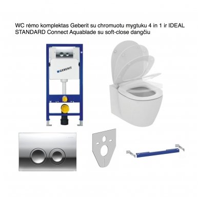 WC rėmo komplektas Geberit su chromuotu mygtuku 4 in 1 ir IDEAL STANDARD Connect Aquablade su soft-close dangčiu