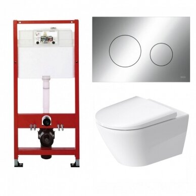 WC rėmo Tece, chromuoto mygtuko Loop ir klozeto Duravit D-Neo rimless komplektas