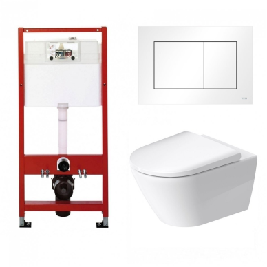 WC rėmo Tece, balto mygtuko Now ir klozeto Duravit D-Neo rimless komplektas WC rėmo Tece, balto mygtuko Now ir klozeto Duravit D-Neo rimless komplektas